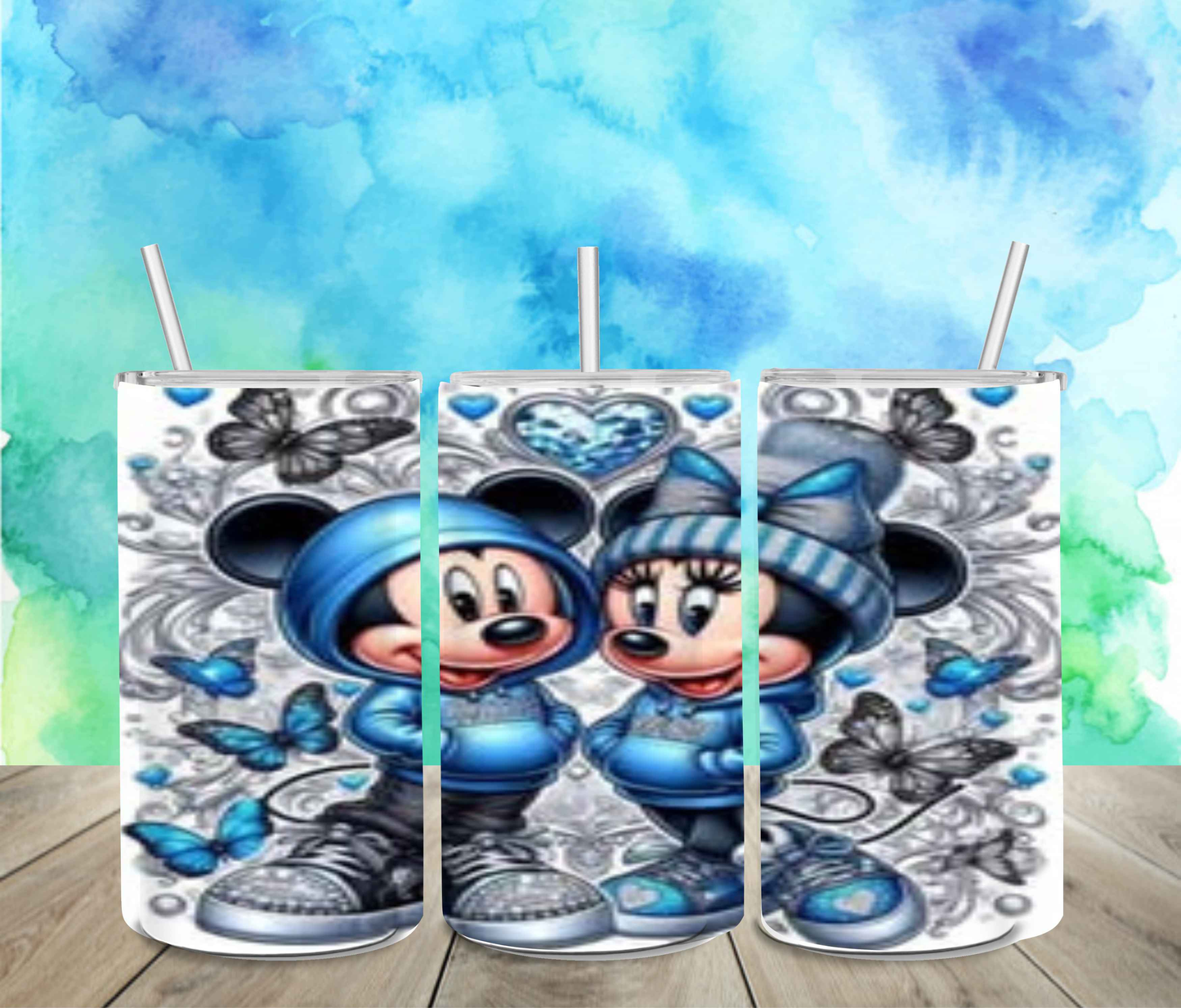 Mickey and Mini Blue Butterflies 12oz Sippy or Skinny Tumbler