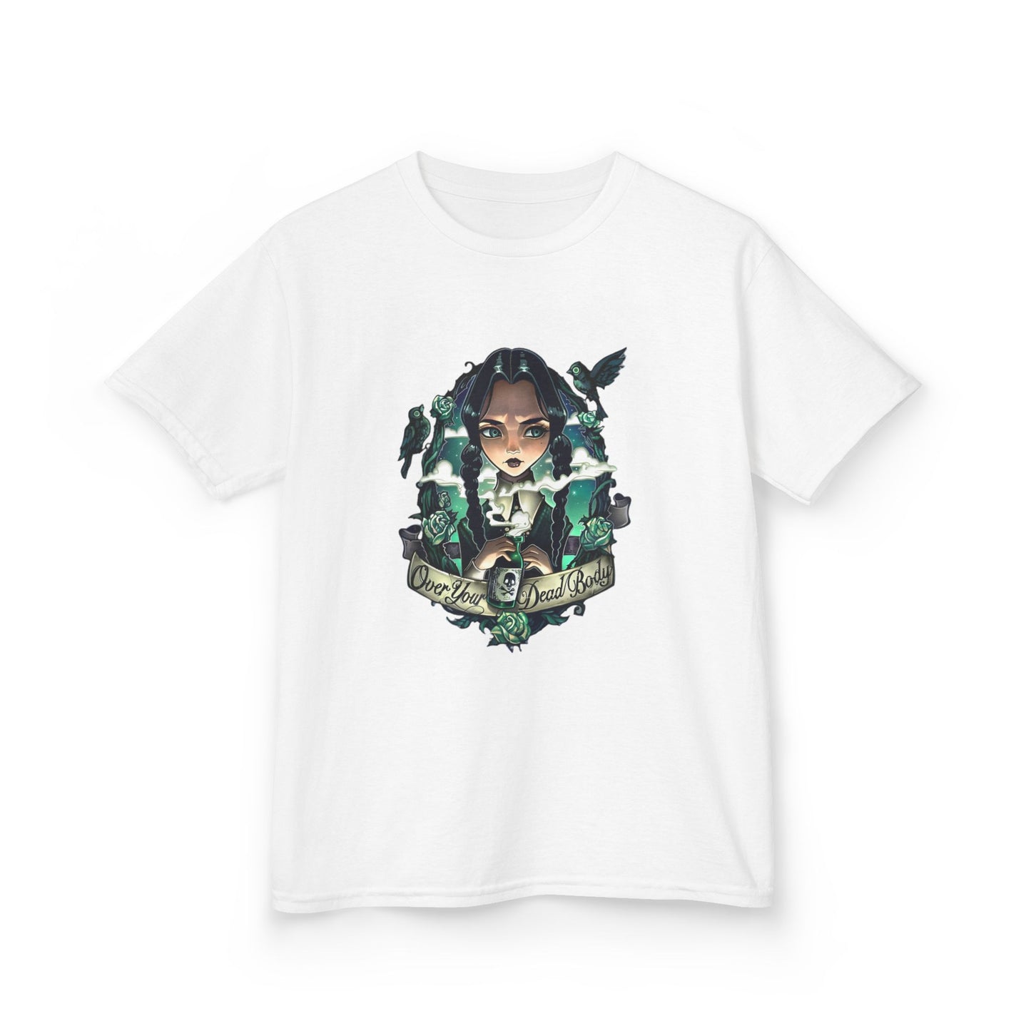 Wednesday-Inspired Kids Cotton Tee - "Over Your Dead Body" Graphic Shirt