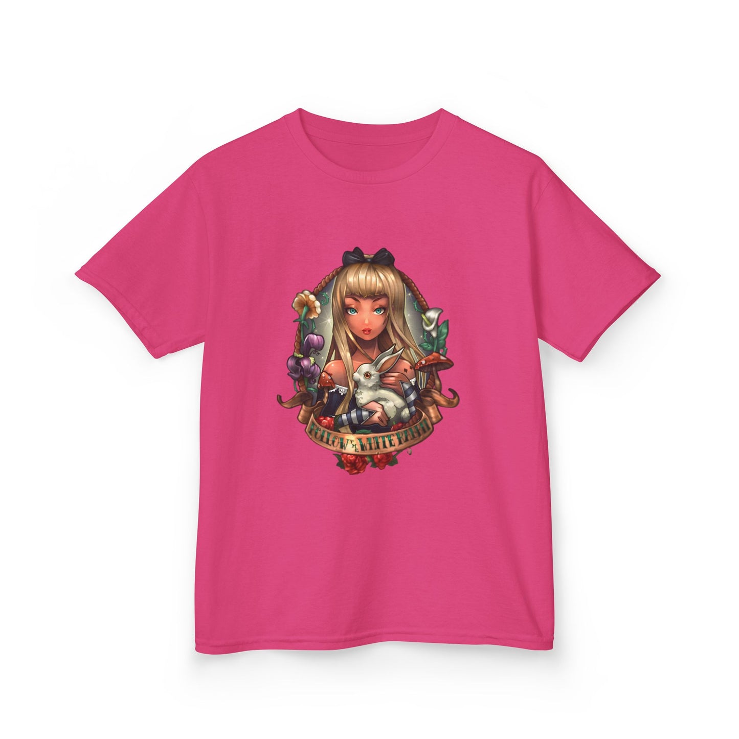 Alice-Inspired Kids Cotton Tee - "Follow The White Rabbit" Graphic Shirt