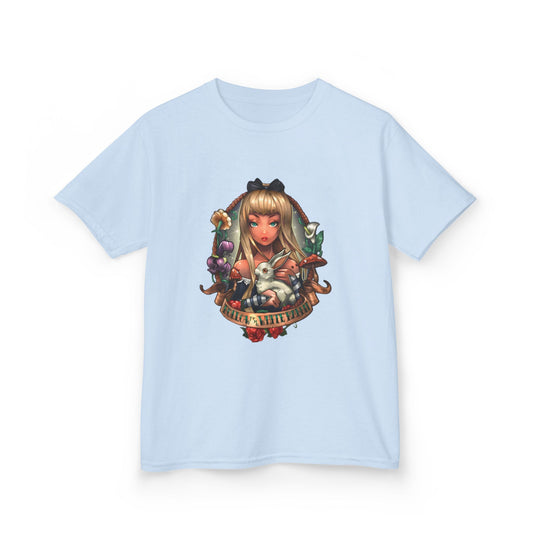 Alice-Inspired Kids Cotton Tee - "Follow The White Rabbit" Graphic Shirt