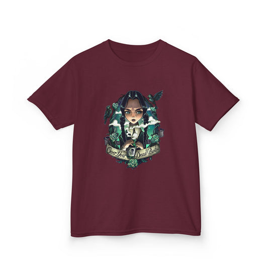 Wednesday-Inspired Kids Cotton Tee - "Over Your Dead Body" Graphic Shirt