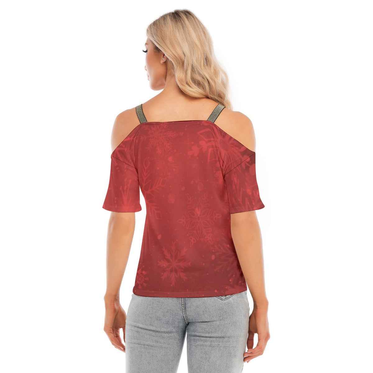 Women's Red Snowflake Cold Shoulder T-shirt With Golden Elastic Band On Neck