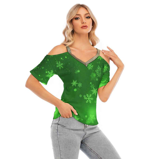 Women's Green Snowflake Cold Shoulder T-shirt With Golden Elastic Band On Neck