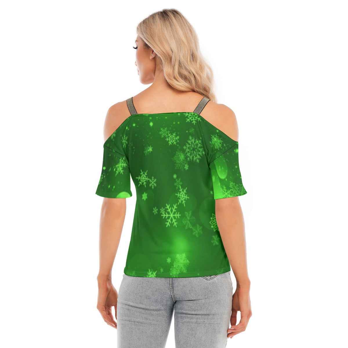 Women's Green Snowflake Cold Shoulder T-shirt With Golden Elastic Band On Neck