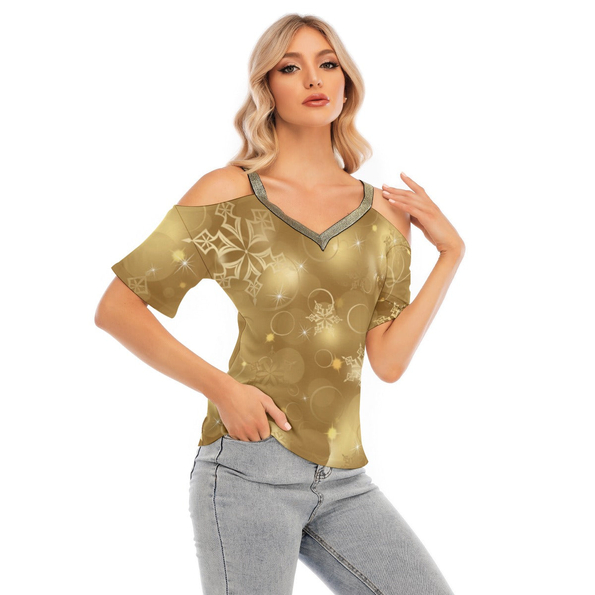 Women's Gold Snowflakes Cold Shoulder With Golden Elastic Band On Neck