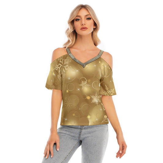 Women's Gold Snowflakes Cold Shoulder With Golden Elastic Band On Neck