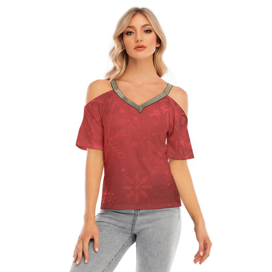 Women's Red Snowflake Cold Shoulder T-shirt With Golden Elastic Band On Neck