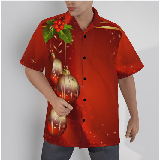 Men's Christmas Shirt With Button Closure - Holly and Ornaments