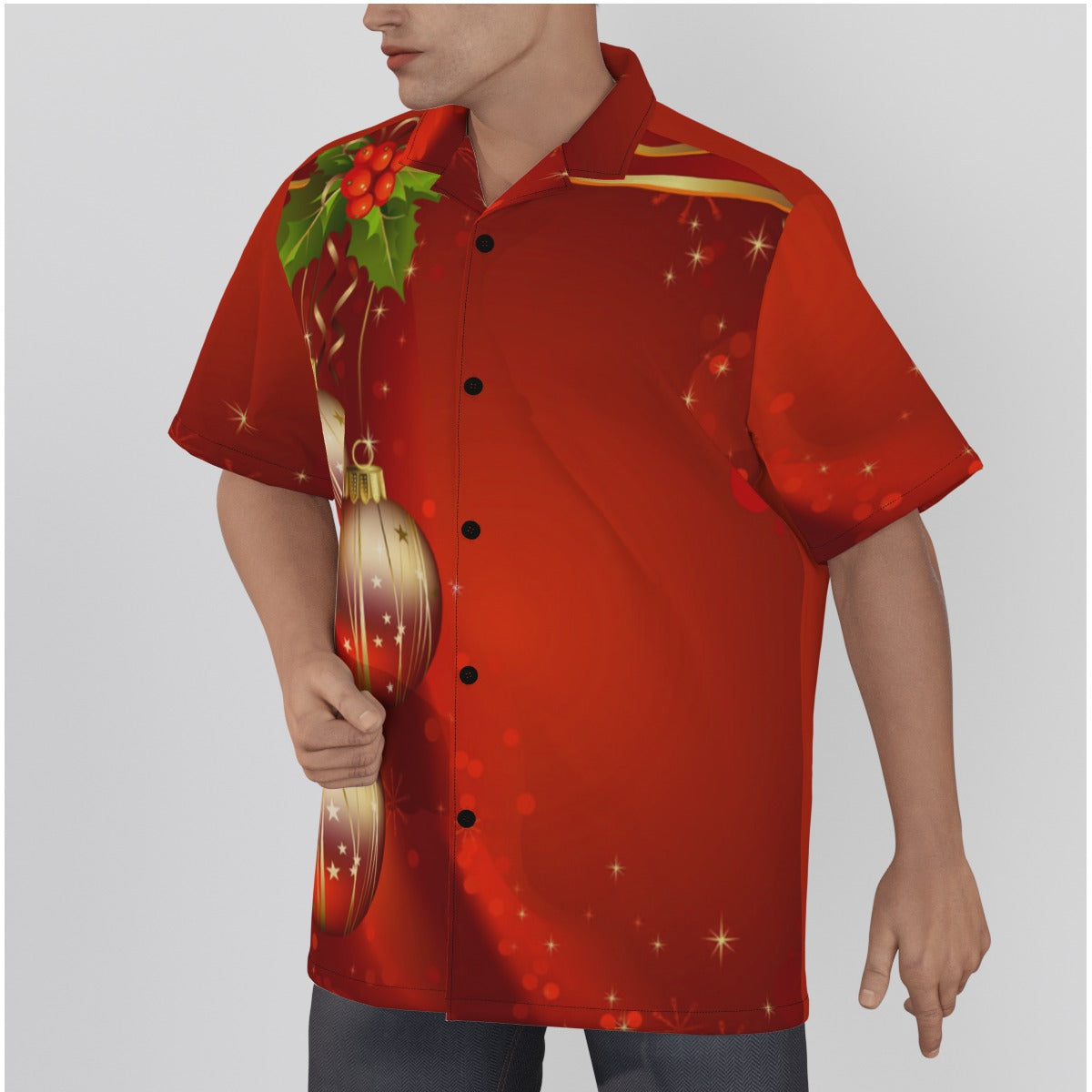 Men's Christmas Shirt With Button Closure - Holly and Ornaments