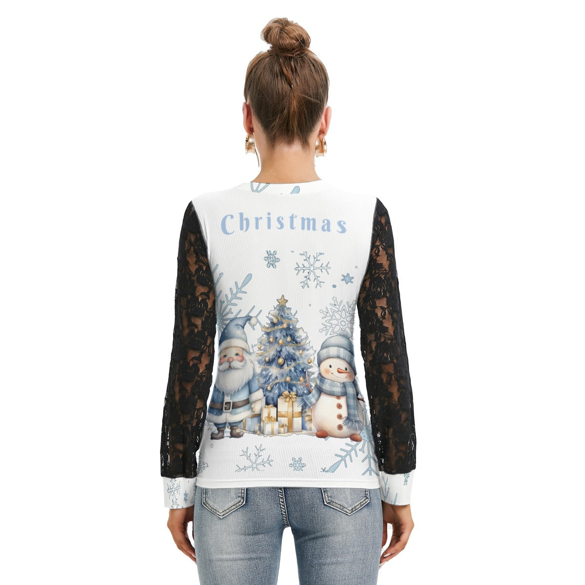 Women's Santa and Snowman T-shirt And Sleeve With Black Lace