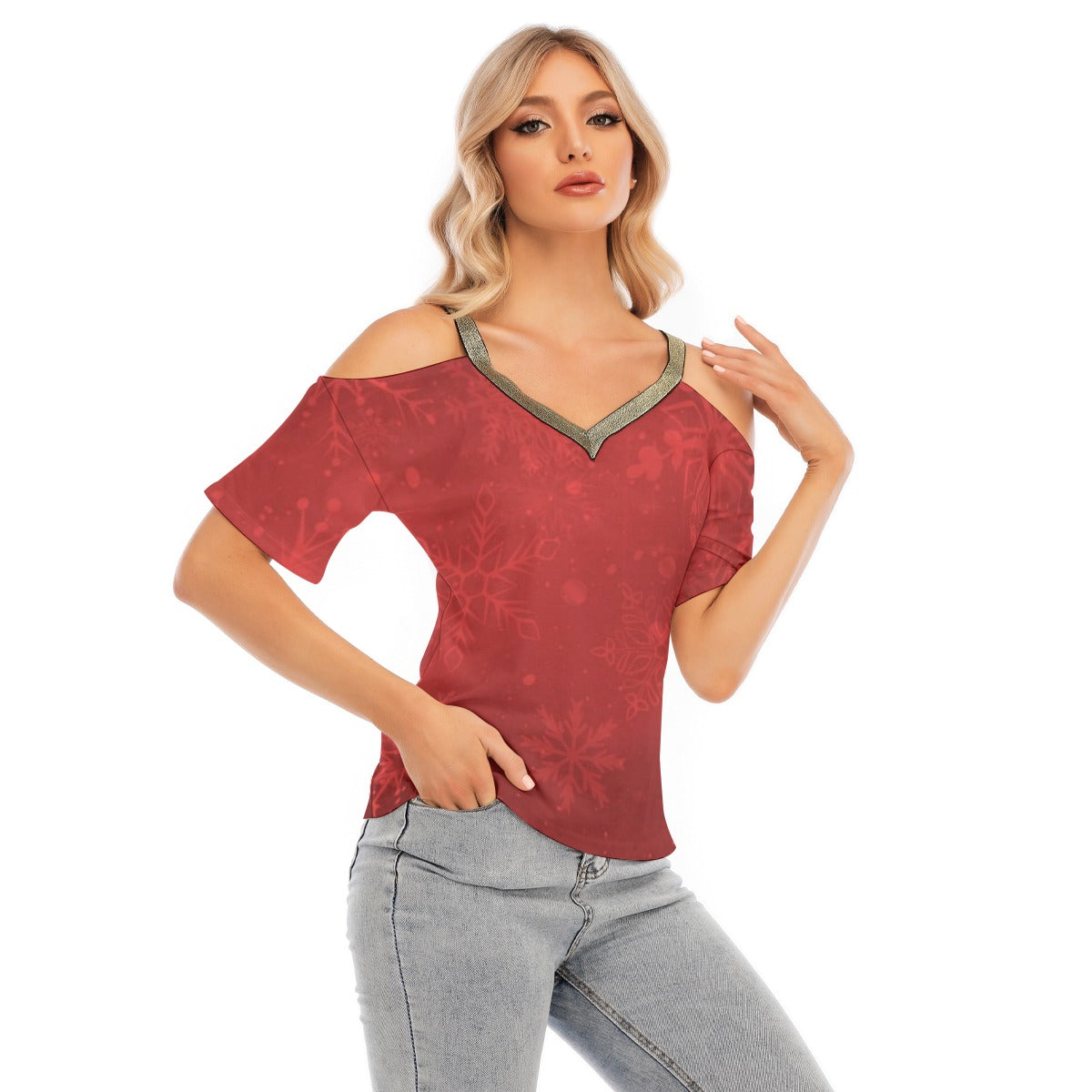 Women's Red Snowflake Cold Shoulder T-shirt With Golden Elastic Band On Neck