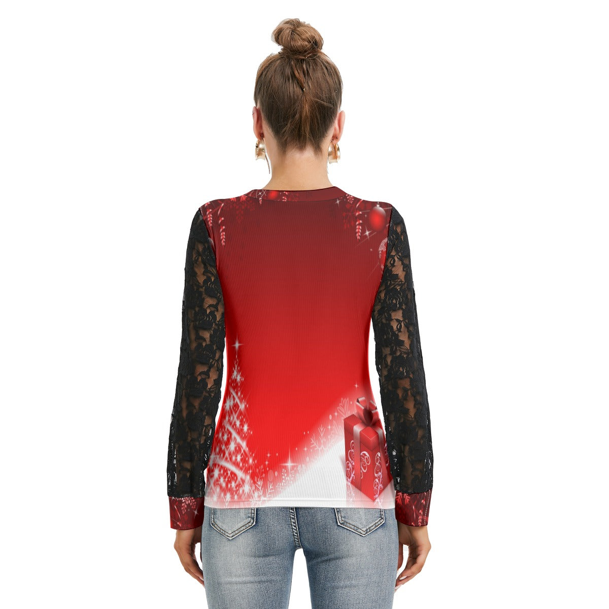 Women's Christmas T-shirt And Sleeve With Black Lace - Present and Tree