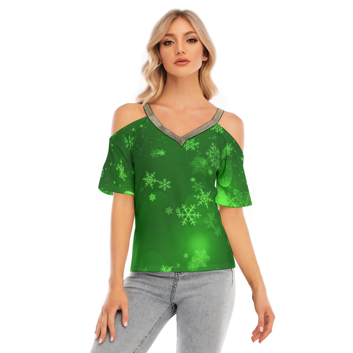 Women's Green Snowflake Cold Shoulder T-shirt With Golden Elastic Band On Neck