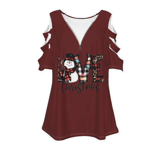 Women's Love Christmas Top with Petal Short Sleeve - Red