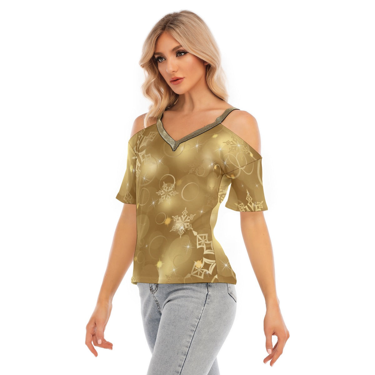 Women's Gold Snowflakes Cold Shoulder With Golden Elastic Band On Neck